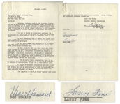 Moe Howard & Larry Fine Signed 2pp. Agreement With Columbia Pictures, Dated 8 November 1956 After Shemps Death -- Moe & Larry Extend Their Contract With Columbia -- 8.5" x 11", Very Good